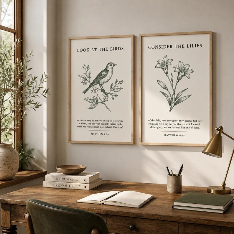 May include: Two rectangular wall art prints in light wood frames featuring botanical illustrations. The left print shows a bird on a branch with the text LOOK AT THE BIRDS and Matthew 6:26. The right print shows lilies with CONSIDER THE LILIES and Matthew 6:28.