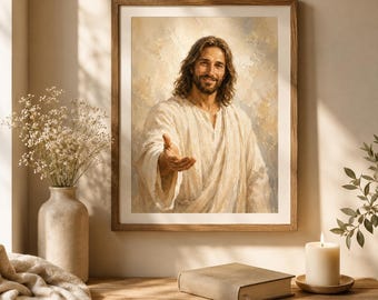 Smiling Jesus Oil Painting Print, Jesus Reaching Out Hand, Modern Christian Wall Art, Warm Portrait of Jesus