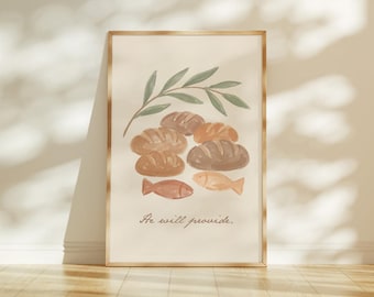May include: Watercolor art print in a wooden frame. The artwork depicts a cluster of bread loaves, two fish, and a sprig of leaves. The text "He will provide" is written in a script font at the bottom of the print.