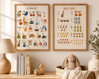 Arte mural educativo con el alfabeto y los números, ambientes Montessori, decoración para habitaciones infantiles con el alfabeto y los números, decoración para aulas, habitación infantil colorida