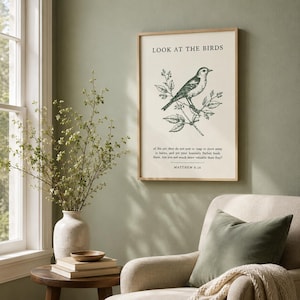 Matthew 6:26 Bible Verse Print, Christian Decor, Sage Green Wall Art, Look at the Birds Scripture, Neutral Scripture Quote, Christian Bird image 7