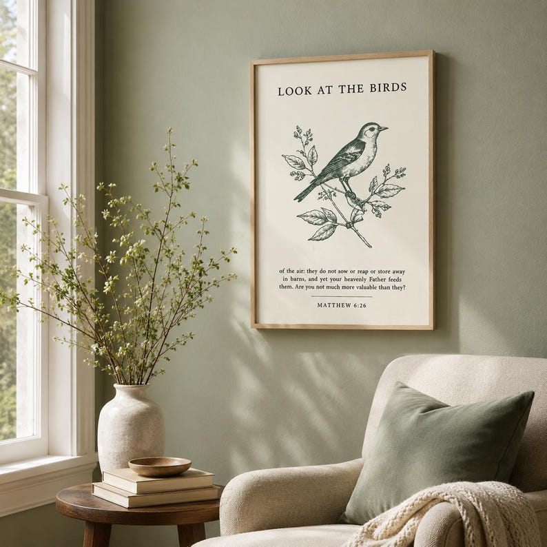 Matthew 6:26 Bible Verse Print, Christian Decor, Sage Green Wall Art, Look at the Birds Scripture, Neutral Scripture Quote, Christian Bird image 7