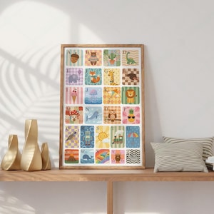 May include: A framed alphabet poster featuring colorful illustrations of animals and objects, each paired with a letter. The artwork includes an acorn, bear, cactus, dinosaur, elephant, fox, giraffe, hedgehog, ice cream, jellyfish, kite, and lion.