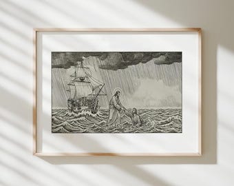 Jesus and Peter Walk on Water Art, Bible Sketch, Bible Art, Walk on Water Print, Christian  Scripture Home Decor