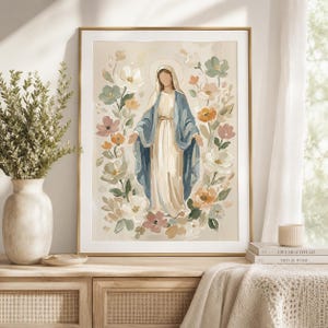 Blessed Mother of God Floral Artwork Print, Virgin Mary Catholic Art Poster, Neutral Christian Decor, Catholic Baptism Print image 14