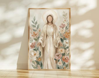 Blessed Mother of God Floral Artwork Print, Virgin Mary Catholic Art Poster, Neutral Christian Decor, Catholic Baptism Print