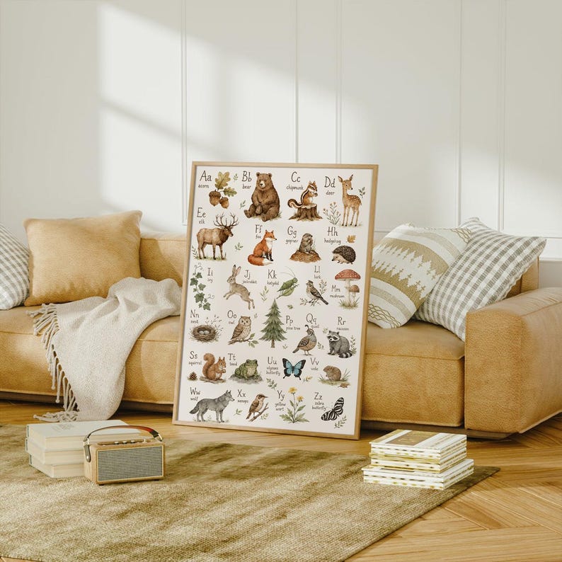 May include: A rectangular wall art print featuring an alphabet chart with watercolor illustrations of animals and nature elements from A to Z, including a bear, deer, fox, owl, and butterfly, each labeled with its corresponding letter and name.