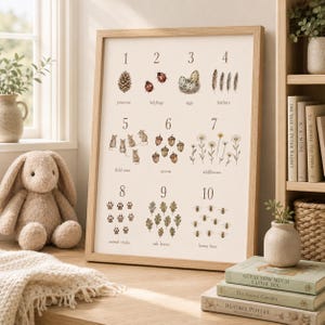 May include: A framed educational wall art print featuring a nature-themed counting chart from one to ten. The illustration displays groups of items including pinecones, ladybugs, eggs, feathers, field mice, acorns, wildflowers, animal tracks, oak leaves, and honey bees with their corresponding numbers and labels in a serif font.