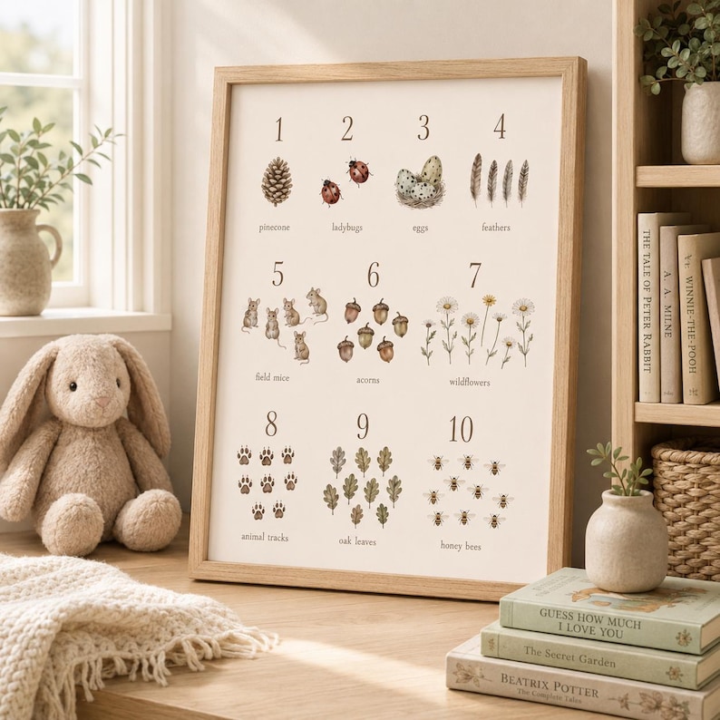 May include: A framed educational wall art print featuring a nature-themed counting chart from one to ten. The illustration displays groups of items including pinecones, ladybugs, eggs, feathers, field mice, acorns, wildflowers, animal tracks, oak leaves, and honey bees with their corresponding numbers and labels in a serif font.