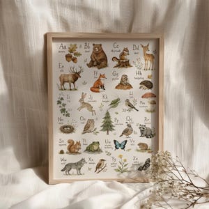 May include: A framed educational alphabet poster featuring watercolor illustrations of woodland animals and nature elements from A to Z, including a bear, deer, fox, and owl, with each letter paired with its corresponding name in black text.