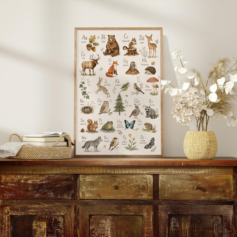 May include: A rectangular wall poster featuring an alphabet chart with watercolor illustrations of forest animals and plants. Each letter from A to Z is paired with a corresponding creature or nature element, including a bear, deer, and fox.