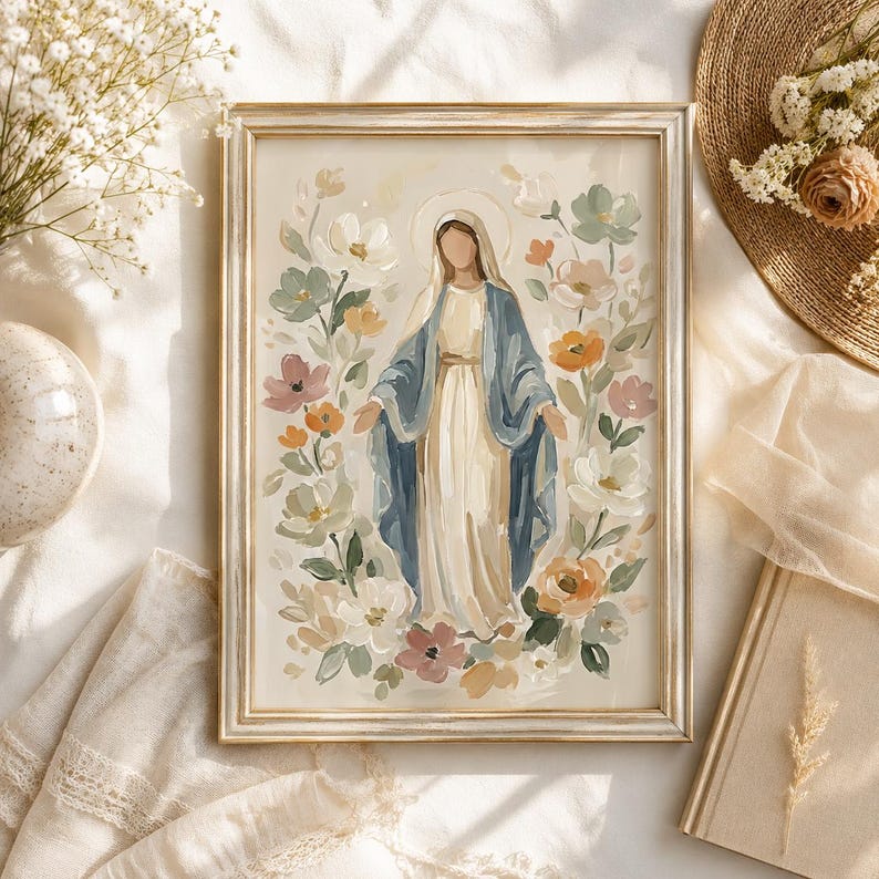 Blessed Mother of God Floral Artwork Print, Virgin Mary Catholic Art Poster, Neutral Christian Decor, Catholic Baptism Print image 11