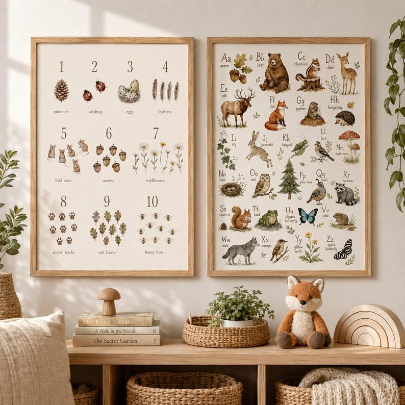 May include: Two framed educational wall art prints featuring a numbered counting chart from one to ten with nature illustrations and an alphabet chart from A to Z with woodland animals and plants, displayed on a wooden shelf with a plush fox toy.