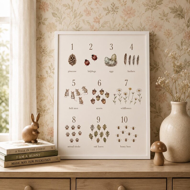 May include: A white framed educational poster featuring numbers one through ten with corresponding nature illustrations including a pinecone, ladybugs, eggs, feathers, field mice, acorns, wildflowers, animal tracks, oak leaves, and honey bees.