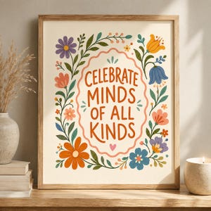Może przedstawiać: Prostokątny wydruk w ramce na kremowym tle z napisem CELEBRATE MINDS OF ALL KINDS pomarańczowymi literami. Tekst jest otoczony falistą ramką oraz kolorowymi ilustracjami kwiat&oacute;w i zielonych liści.