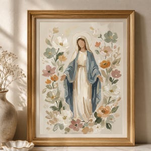Blessed Mother of God Floral Artwork Print, Virgin Mary Catholic Art Poster, Neutral Christian Decor, Catholic Baptism Print
