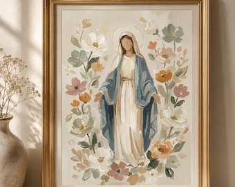 Blessed Mother of God Floral Artwork Print, Virgin Mary Catholic Art Poster, Neutral Christian Decor, Catholic Baptism Print