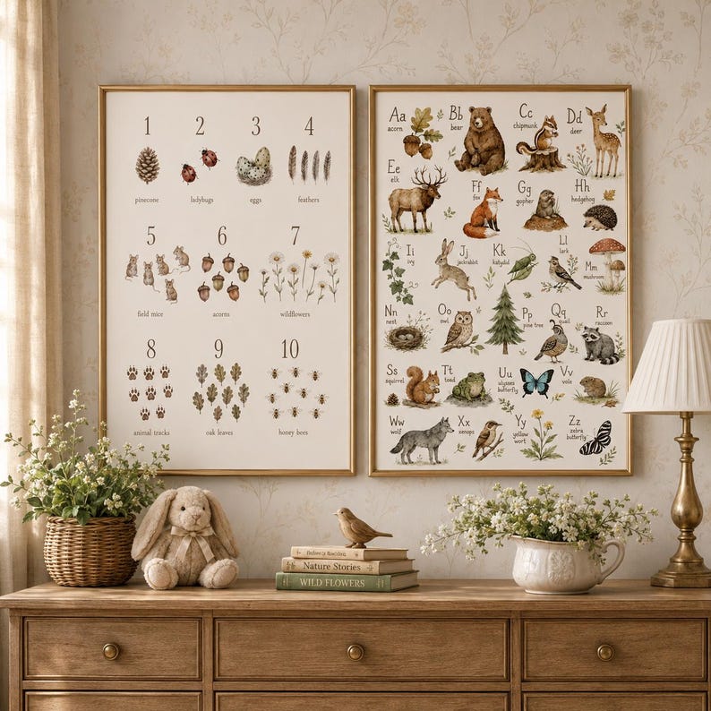 May include: Two framed wall posters featuring educational illustrations. The left poster displays numbers one through ten with corresponding nature motifs. The right poster presents an alphabet from A to Z, each letter paired with a forest animal or plant illustration.