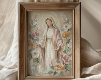Blessed Mother of God Floral Artwork Print, Virgin Mary Catholic Art Poster, Neutral Christian Decor, Catholic Baptism Print