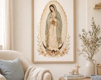 Virgin Mary Floral Painting Print, Our Lady Praying Wall Art, Blue Cloak Madonna with Flowers, Catholic Religious Decor