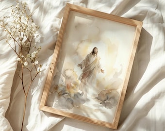 May include: Watercolor painting in a light wooden frame. The artwork depicts a figure in white robes with outstretched arms, surrounded by soft, ethereal clouds and a warm, golden light. Delicate white flowers are placed to the left of the frame.