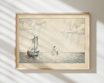 Jesus and Peter Walk on Water Art, Bible Sketch, Bible Art, Walk on Water Print, Christian  Scripture Home Decor