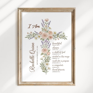 Puede incluir: Impresi&oacute;n enmarcada con un dise&ntilde;o de cruz floral. Las palabras "I Am" est&aacute;n en la parte superior, con el nombre "Rachelle Quinn" y la fecha "1 de febrero de 2026". La cruz est&aacute; adornada con flores y vegetaci&oacute;n.