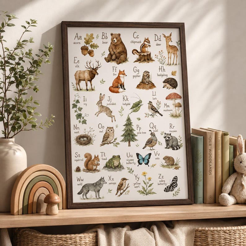 May include: A framed educational alphabet poster featuring watercolor illustrations of woodland animals and nature elements, with each letter from A to Z paired with a corresponding creature or plant, including an acorn, bear, and zebra butterfly.
