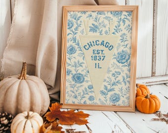 Custom Text Pennant Flag, Chicago Botanical Art Print, Vintage Chicago Pennet Flag Art