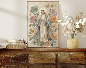 Blessed Mother of God Floral Artwork Print, Virgin Mary Catholic Art Poster, Neutral Christian Decor, Catholic Baptism Print