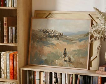 Jesus Leaves the 99 Print, Jesus Good Shepherd Art, Rejoices over One Lost Sheep, Lost Sheep Parable Oli Painting, Christian Landscape Art