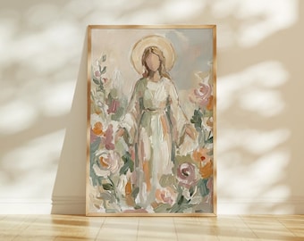 Blessed Mother of God Floral Artwork Print, Virgin Mary Catholic Art Poster, Neutral Christian Decor, Catholic Baptism Print