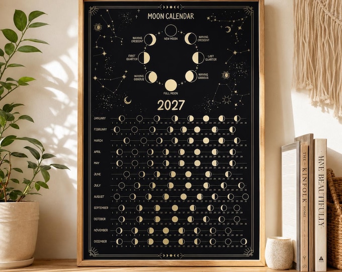 2026 Lunar Calendar Poster, 2027 Moon Calendar, Moon Phase, Zodiac Astrology Art Print.  2027 New