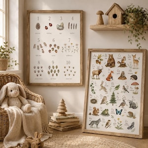 May include: Two framed educational posters featuring nature illustrations. The left poster displays numbers one through ten with corresponding drawings of pinecones, ladybugs, eggs, feathers, mice, acorns, wildflowers, tracks, leaves, and bees. The right poster shows the alphabet with animal and plant illustrations for each letter.