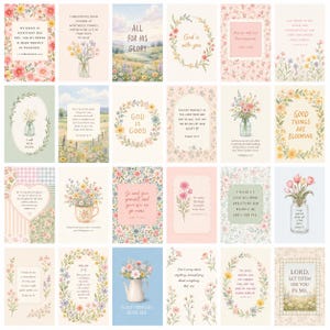 Puede incluir: Una colección de veinticuatro tarjetas rectangulares con ilustraciones florales, paletas de colores pastel y diversas citas religiosas. Cada tarjeta muestra arreglos botánicos únicos, incluyendo flores silvestres en frascos o jarrones, rodeados de bordes decorativos.