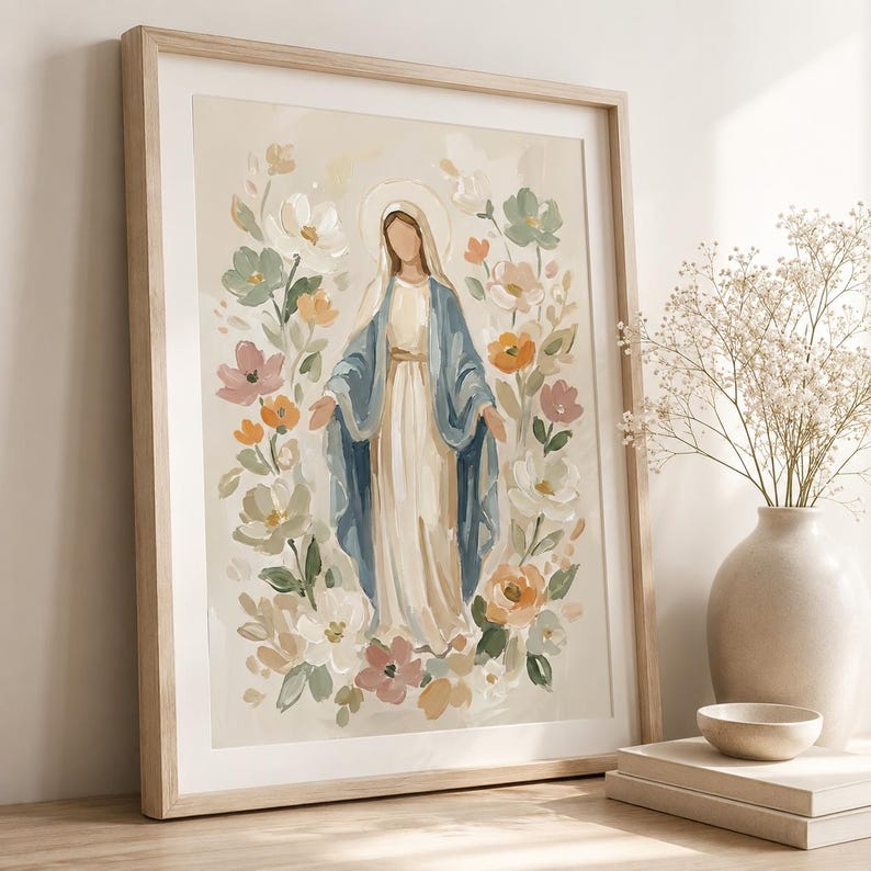 Blessed Mother of God Floral Artwork Print, Virgin Mary Catholic Art Poster, Neutral Christian Decor, Catholic Baptism Print image 12