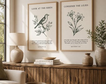 Impresión del versículo bíblico Mateo 6:26, decoración cristiana, arte de pared verde salvia, versículo bíblico "Mira a los pájaros", cita bíblica neutral, pájaro cristiano