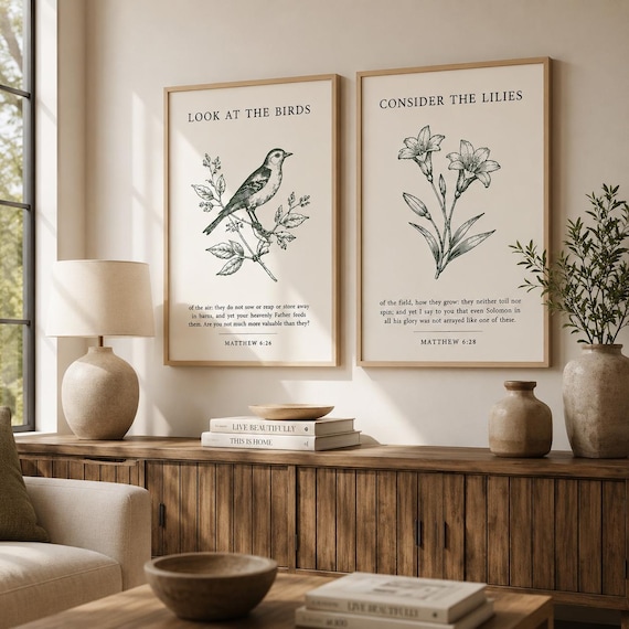 Matthew 6:26 Bible Verse Print, Christian Decor, Sage Green Wall Art, Look at the Birds Scripture, Neutral Scripture Quote, Christian Bird