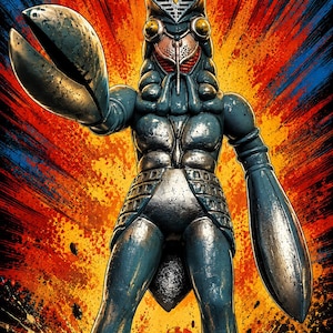 May include: A digital illustration of a robotic creature with a blue and silver color scheme. The creature has large claw-like hands and a head with a V-shaped crest. The background features a burst of red, orange, and blue colors.