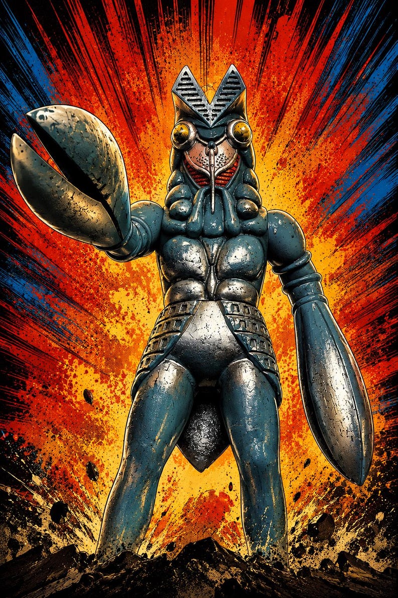 May include: A digital illustration of a robotic creature with a blue and silver color scheme. The creature has large claw-like hands and a head with a V-shaped crest. The background features a burst of red, orange, and blue colors.