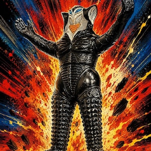 May include: A black, textured creature with a pointed head, blue eyes, and an orange chest piece stands with arms raised. The background features a vibrant, explosive burst of red, yellow, and blue paint splatters and streaks radiating outward.