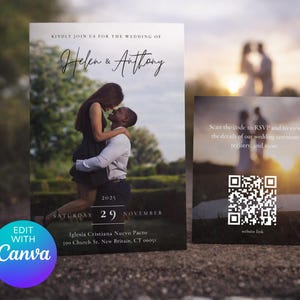 May include: Wedding invitation featuring a couple embracing, with the names "Helen & Anthony" in elegant script. Includes date, location, and a QR code for RSVP and details. The design has a soft, romantic aesthetic.