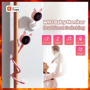May include: Pink baby monitor with bunny ear design, featuring a camera and flexible arm. The image includes the text "WIFI Baby Monitor Dual Stent Switching" and icons for regular feeding, temperature detection, play music, voice intercom, and infrared night vision.