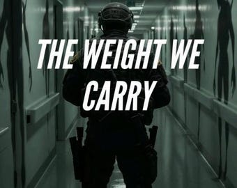 Könnte beinhalten: Eine Person in taktischer Ausrüstung steht in einem schwach beleuchteten Flur und ist dem Betrachter abgewandt. Der Text "THE WEIGHT WE CARRY" wird über der Person angezeigt. Der Name des Autors, "KEARA M. BELLINO", steht unten.
