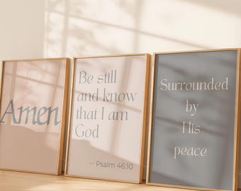 Neutral Gray Christian Wall Art Set of 3 | Minimalist Scripture Prints