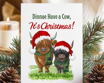 Tarjeta navideña divertida de vaca de las Tierras Altas: Humor escocés (Descarga instantánea)