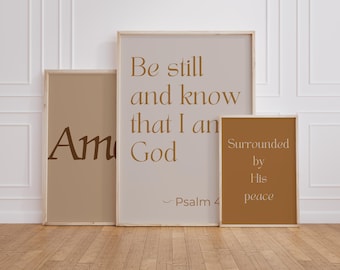 Neutral Brown Christian Wall Art Set of 3 | Minimalist Scripture Prints