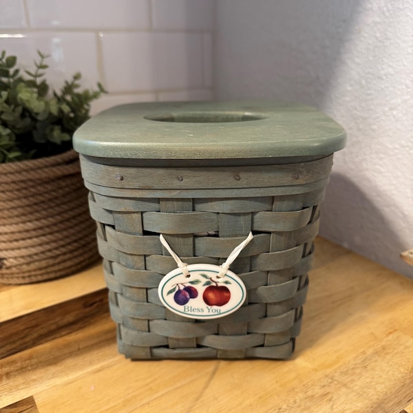 Longaberger 2006 Sage Green tissue box with Bless you tag