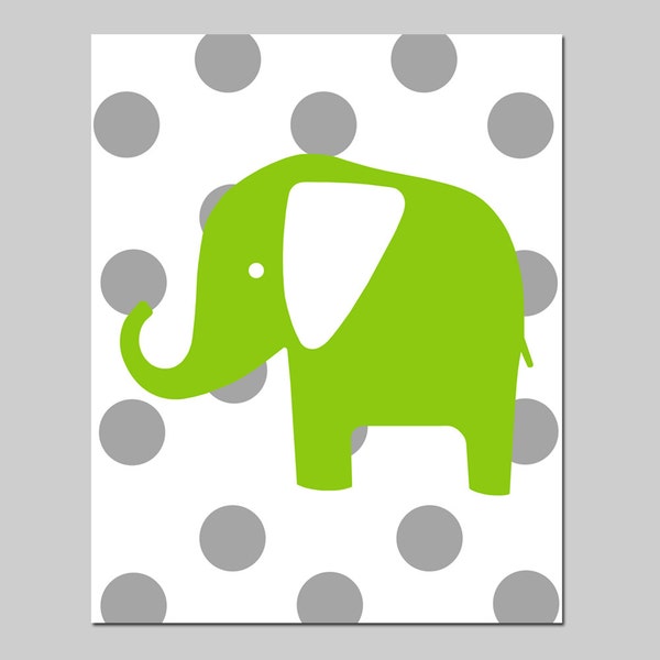 VENTA - Polka Dot elefante - impresi&oacute;n 8 x 10 - vivero moderno decoraci&oacute;n - arte vivero Neutral - manzana verde, gris, blanco