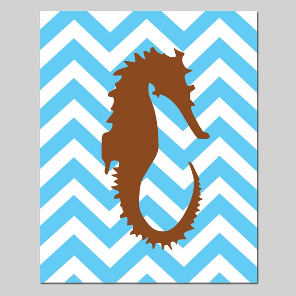 SALE - Chevon Starfish - 8x10 Silhouette Nautical Beach Print - Sky Blue, Brown, and White